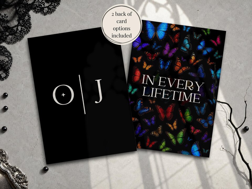 Two back of card options are shown with black backgrounds, one with white monogram initials and one covered in vibrant butterflies.