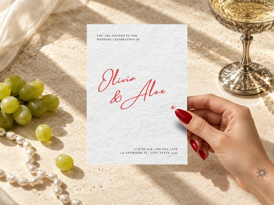 A hand with red nail polish holds a wedding invitation beside green grapes, pearls, and a champagne glass.