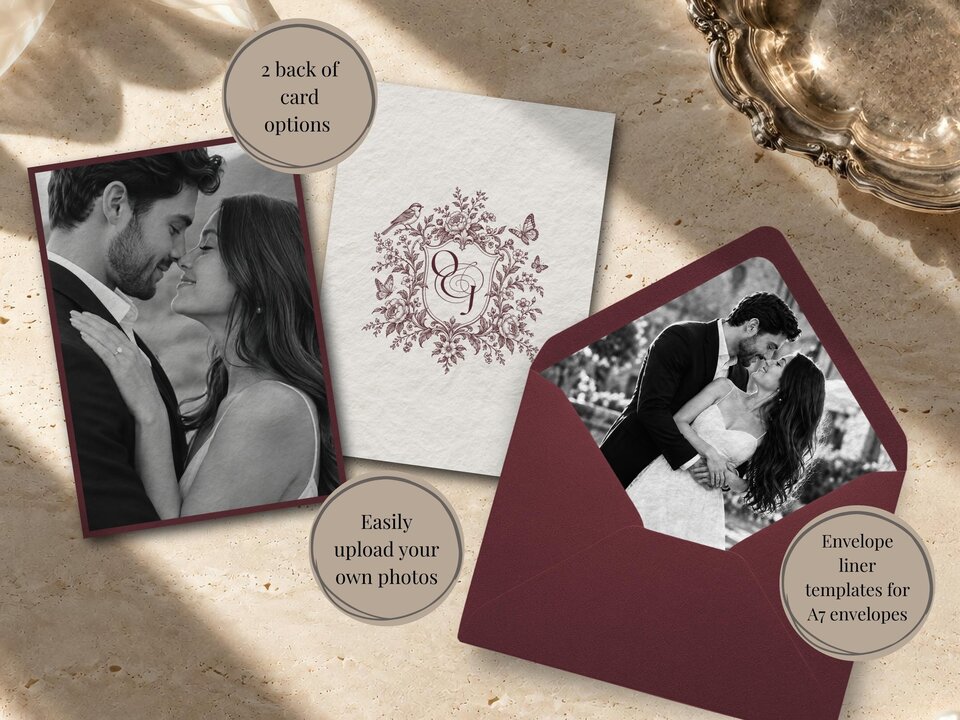 A wedding invitation suite showing a monogram card, a black and white couple photo, and a burgundy envelope with a photo insert.