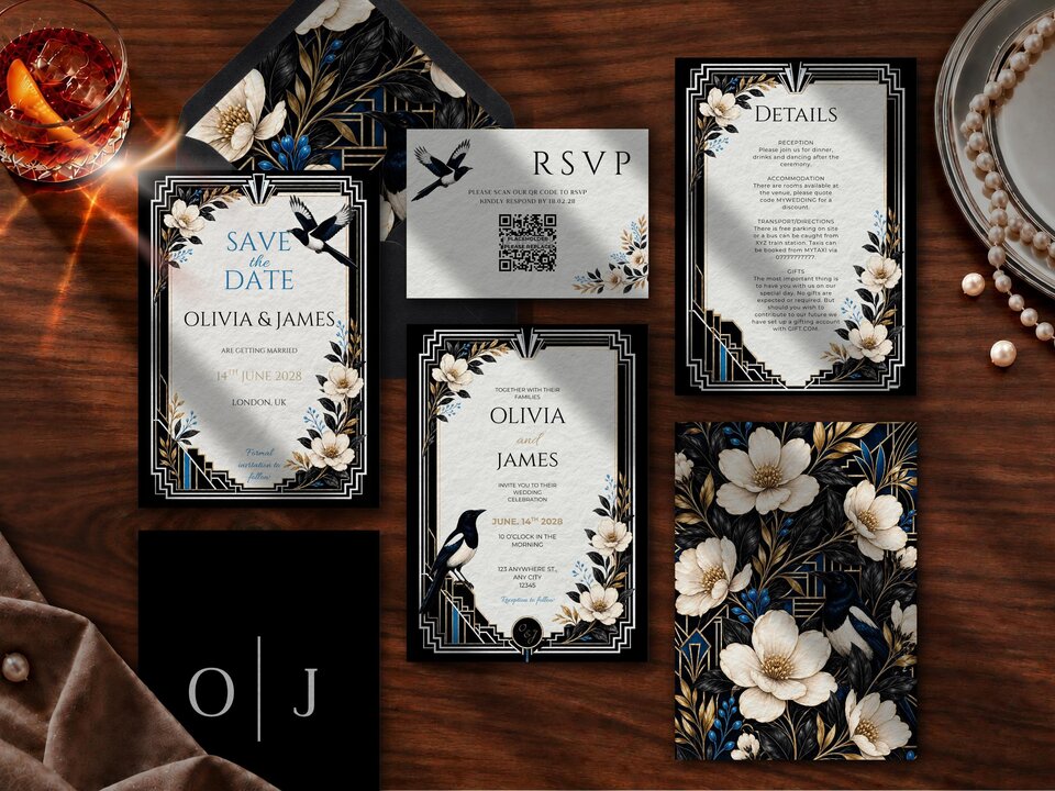 Football wedding invitation suite featuring black and white Art Deco styling with a heritage-inspired magpie crest and subtle soccer heritage details across the coordinated design.