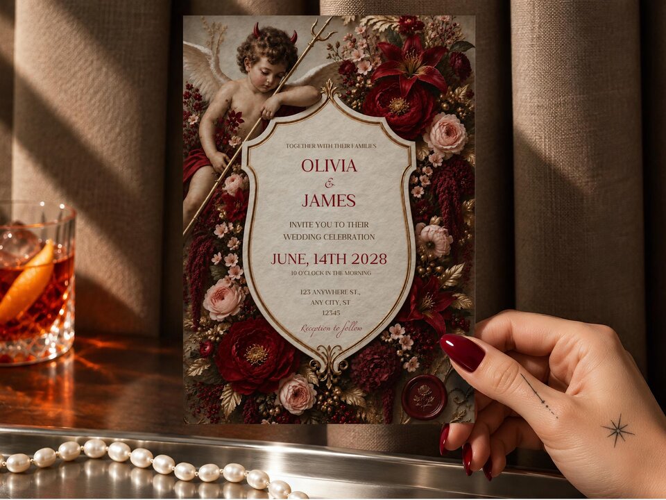 Football wedding invitation featuring red florals framing a devil cherub shield in an old-money-inspired style and subtle soccer heritage details.