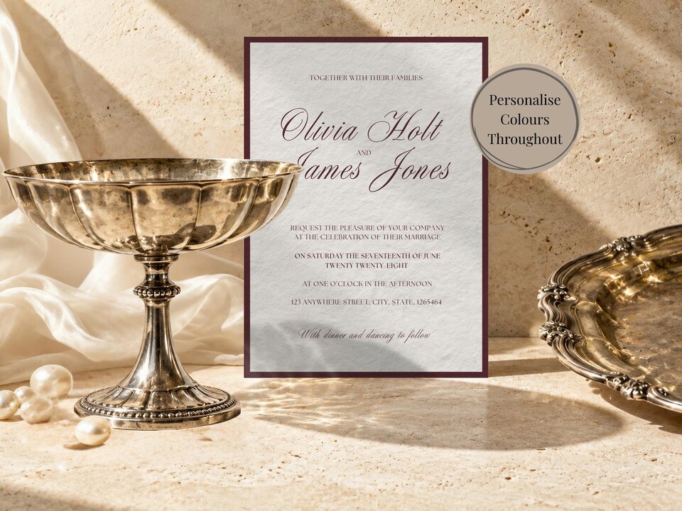 A wedding invitation mockup sits on a stone surface beside a silver goblet, pearls, and a tray with text overlay reading Personalise Colours Throughout.