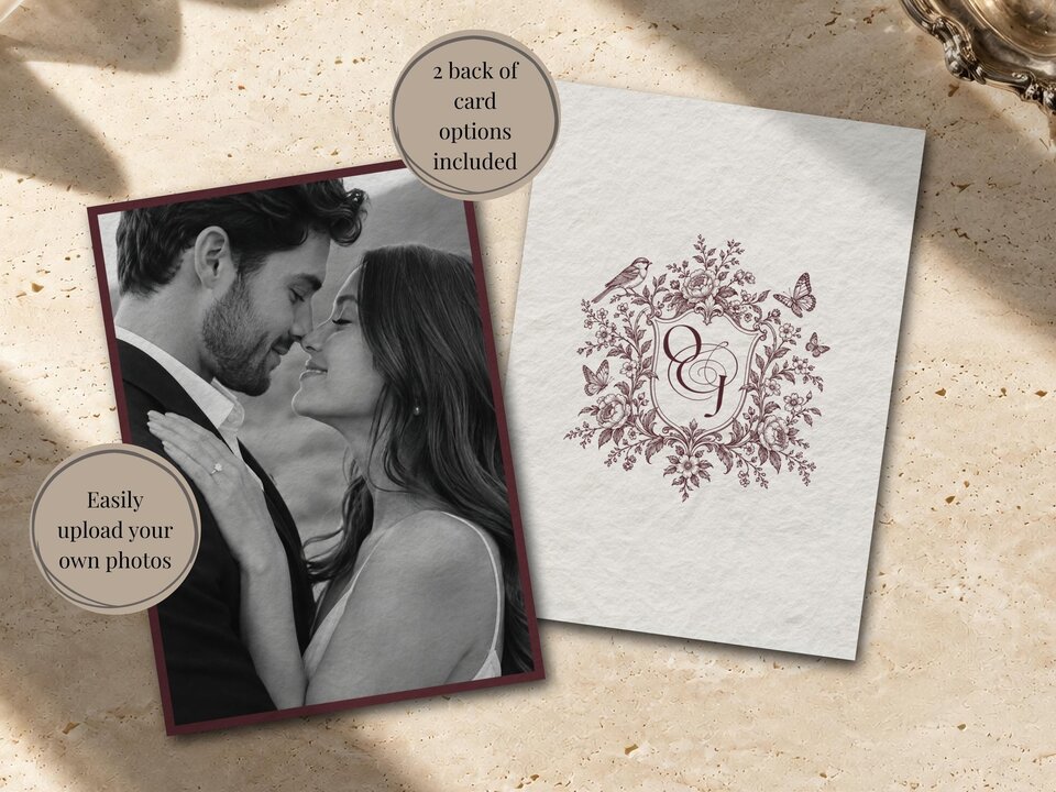Two cards with text overlays reading 2 back of card options included and Easily upload your own photos, showing a black-and-white couple photo and a crest with initials.