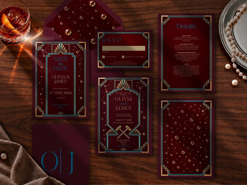 Football wedding invitation suite featuring claret and sky blue Art Deco styling with hammer and bubble details and subtle soccer heritage details across the coordinated design.