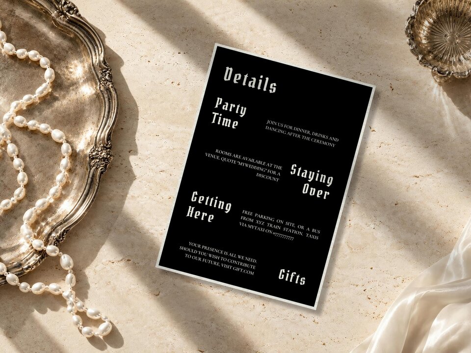 A black wedding details card with white lettering rests on a stone background next to pearls and a silver tray.