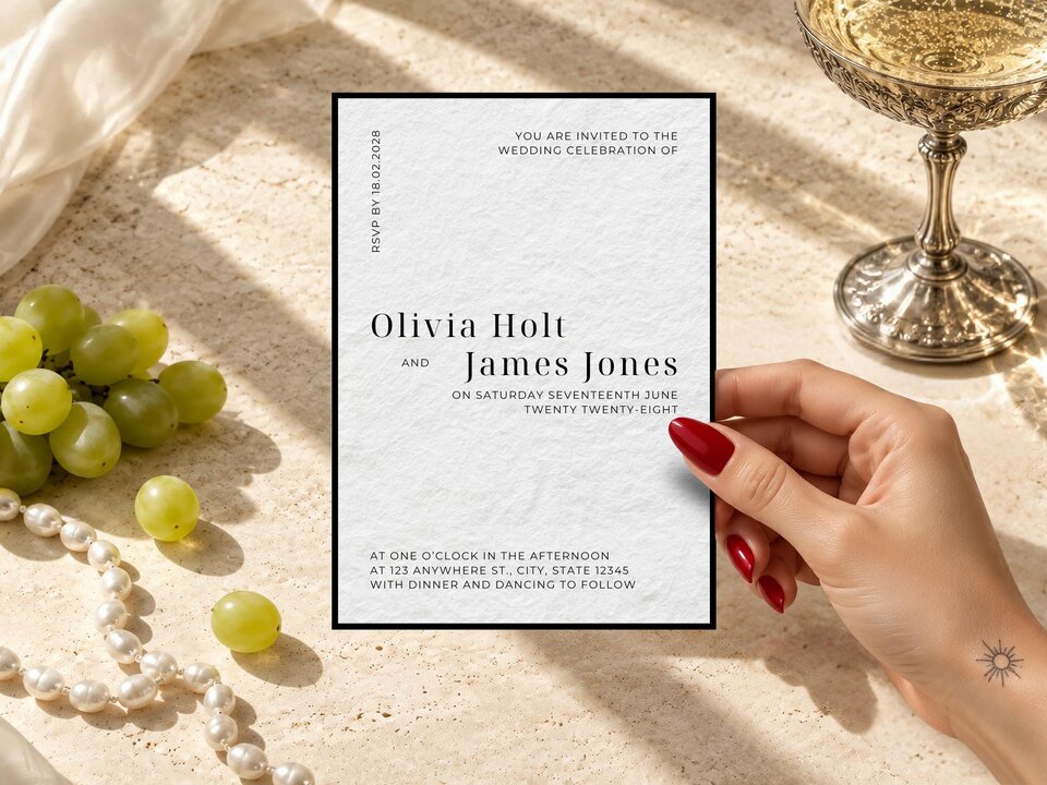 A hand with red nail polish holds up a wedding invitation for Olivia Holt and James Jones beside green grapes, pearls, and a crystal glass.