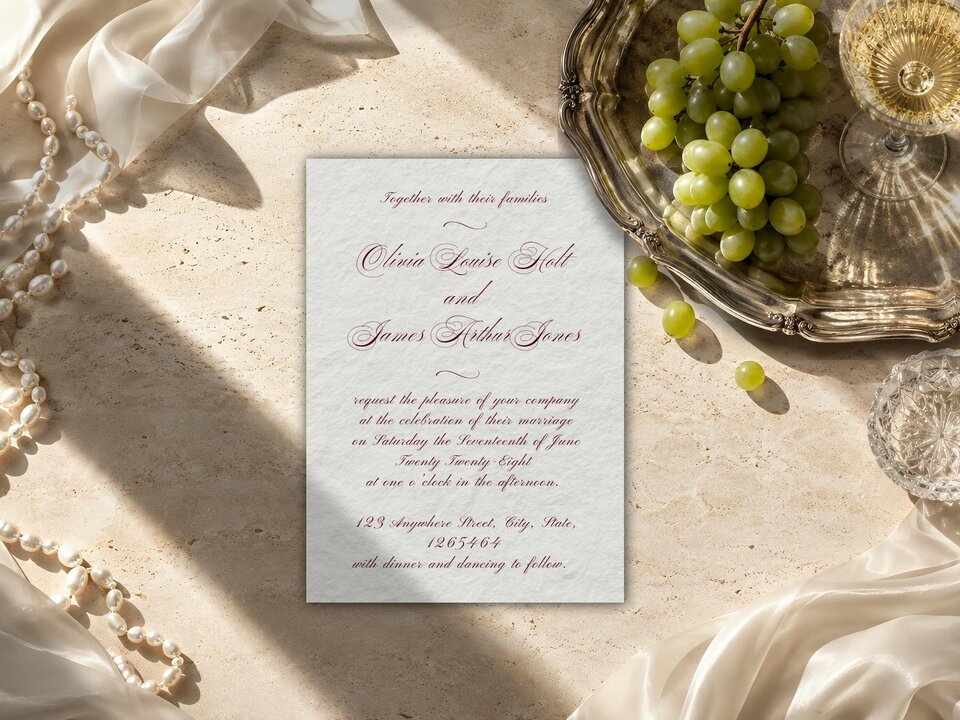 A wedding invitation template sits flat on a textured beige surface near a silver tray of green grapes and strands of pearls.