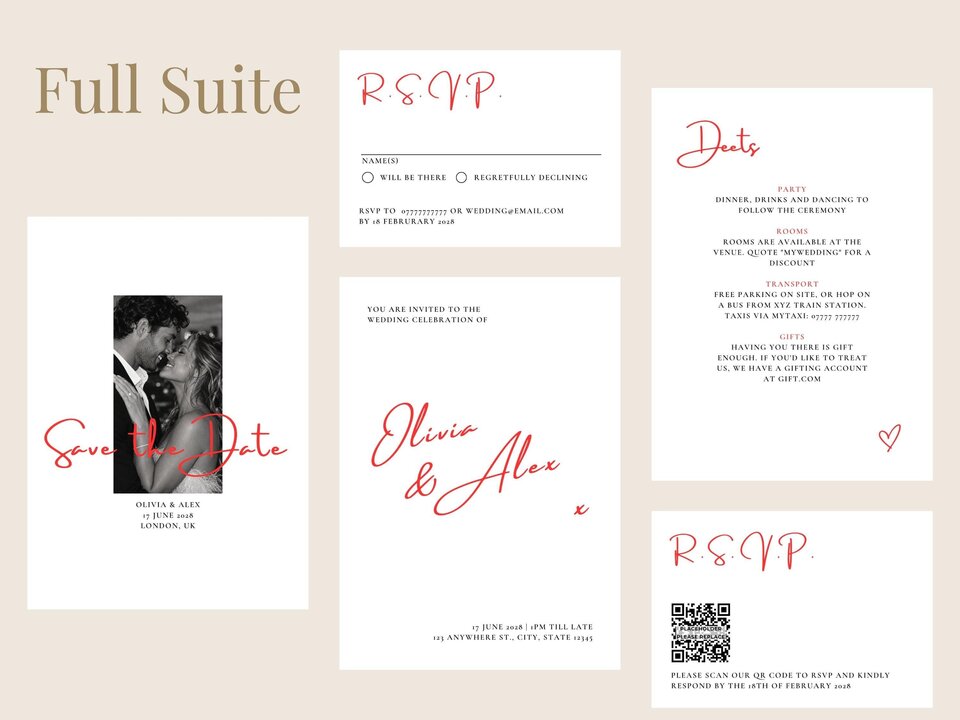 A full suite of wedding stationery templates displayed against a neutral background, including save the date, invitation, RSVP cards, and details card.