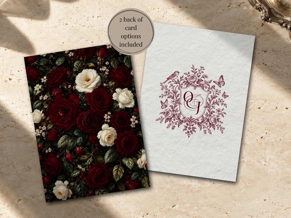 Two wedding invitation back-of-card options showing a dark floral pattern on the left and a crest with monograms on the right.