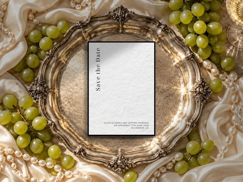 A save-the-date card is centered on an ornate silver tray surrounded by green grapes, pearls, and silk fabric.
