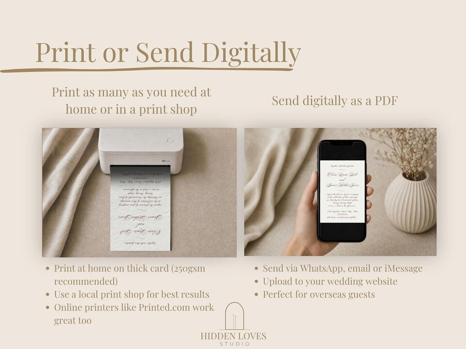 An instructional graphic showing printing and digital sharing options for wedding invitations with a printer and a smartphone held in a hand.
