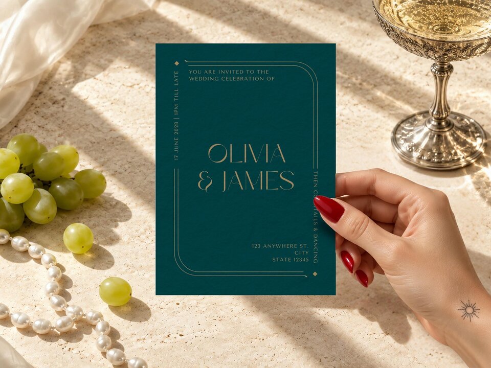 A hand with red nail polish holds a dark green and gold wedding invitation card next to grapes and pearls.