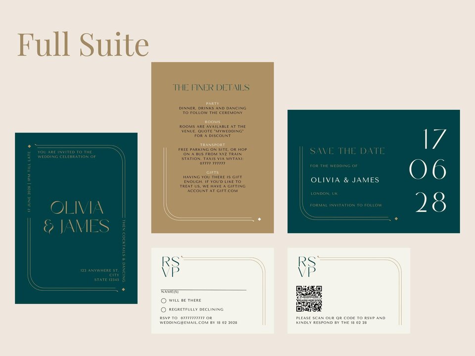 A full suite of dark green, gold, and tan wedding stationery items laid out on a light background.