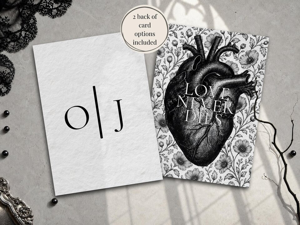 Two back-of-card design options, one showing initials and the other featuring an anatomical heart with the text love never dies.