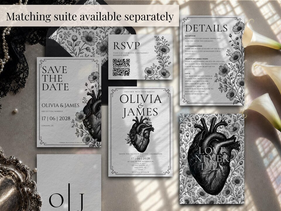 A flat lay of the matching wedding stationery suite including invitations, RSVP cards, and details cards with botanical and anatomical heart designs.