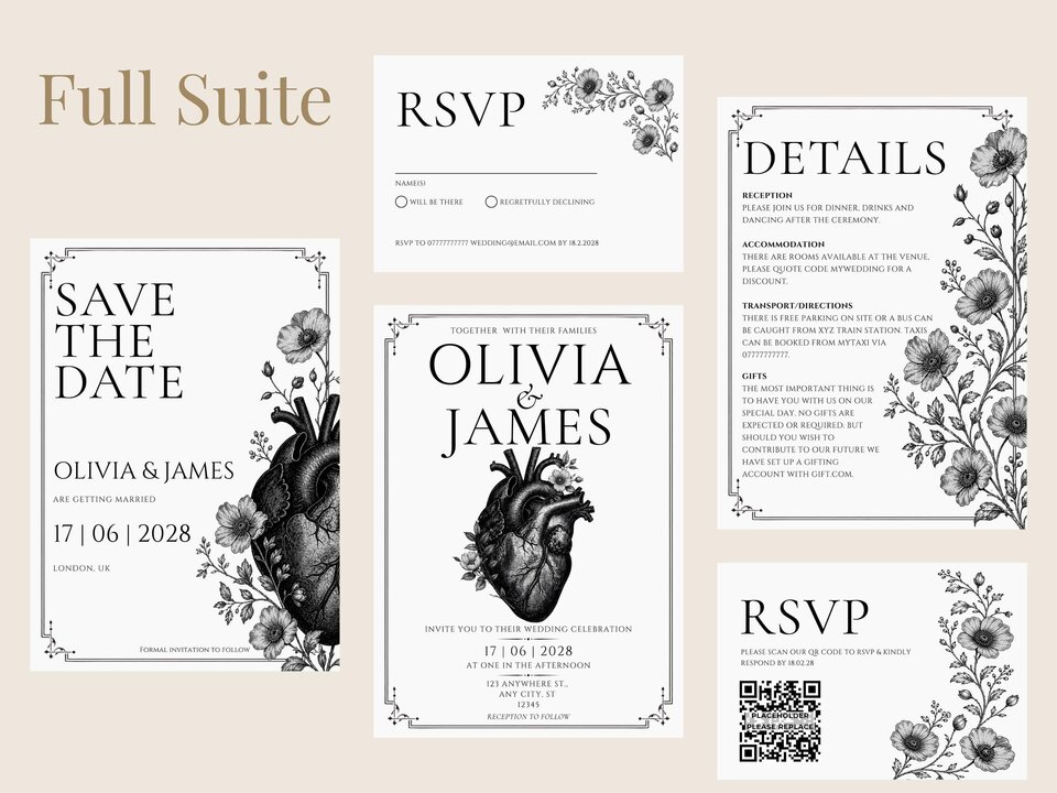 A digital display of the full wedding stationery suite showing multiple cards with cohesive black and white gothic botanical designs.
