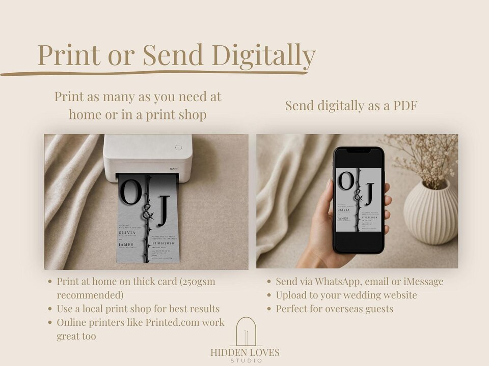 A two-column graphic explains options to either print the stationery at home or send it digitally.