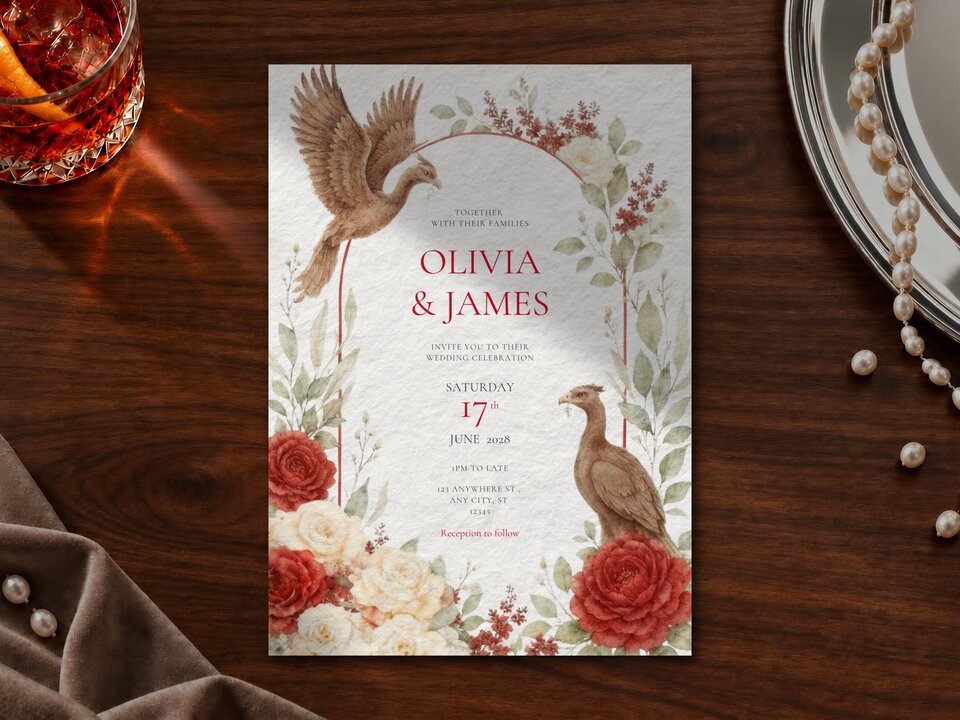 A wedding invitation card with red and white floral borders and two brown birds, resting on a wooden table beside a glass of whiskey and a string of pearls.