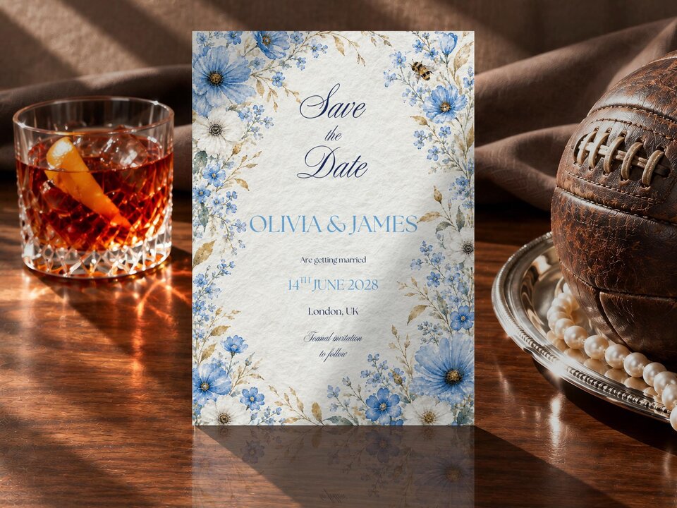 A Save the Date card featuring blue wildflowers stands upright beside an old leather football and a glass of whiskey.