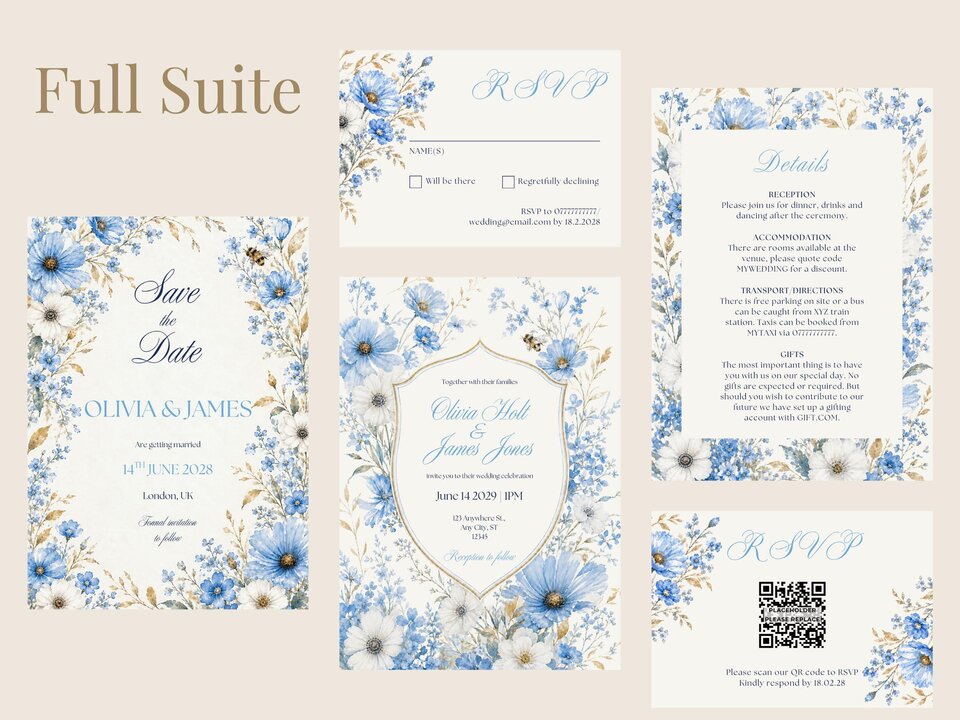 A complete suite of wedding stationery items featuring blue wildflowers, including Save the Date, RSVP cards, details card, and invitation with a shield frame.