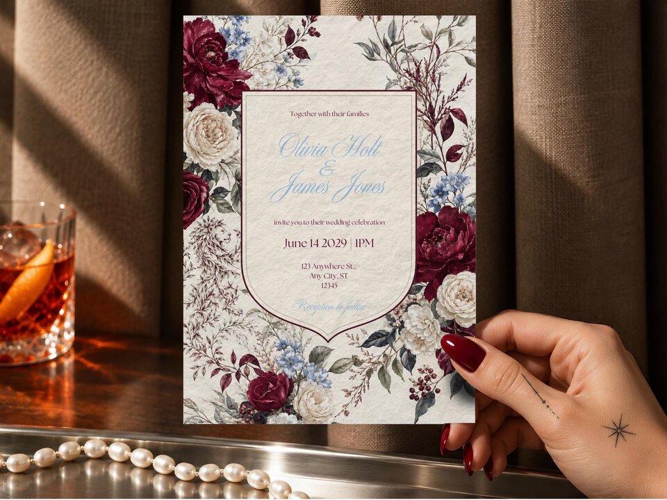 A person holds the wedding invitation with dark red fingernails, next to a glass of whiskey and a pearl necklace on a dark surface.