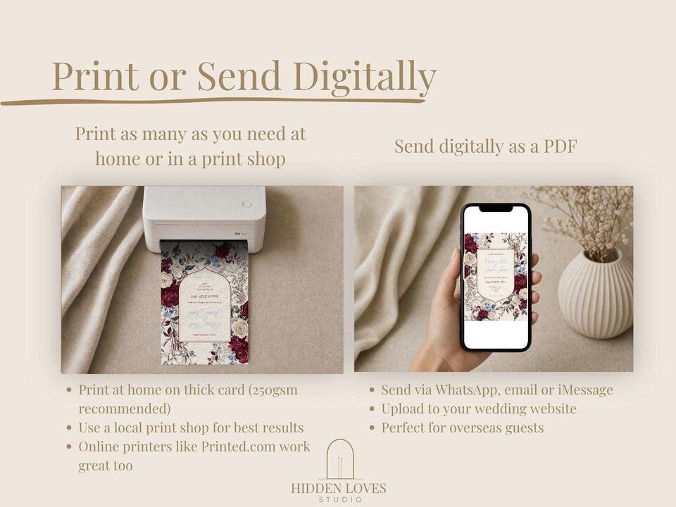 An informational graphic titled print or send digitally displays a mini printer with an invitation and a hand holding a phone showing the invite.