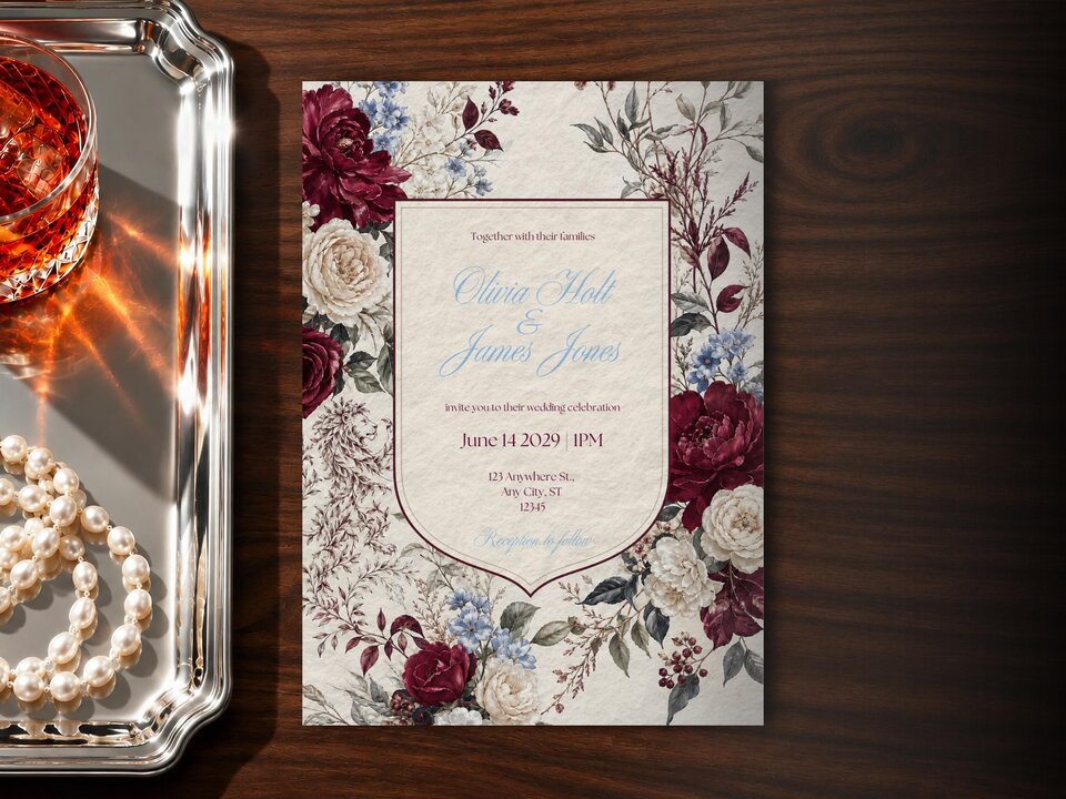 A wedding invitation suite card with floral framing lies flat on a dark wood table beside a silver tray holding a glass of cocktail and pearls.