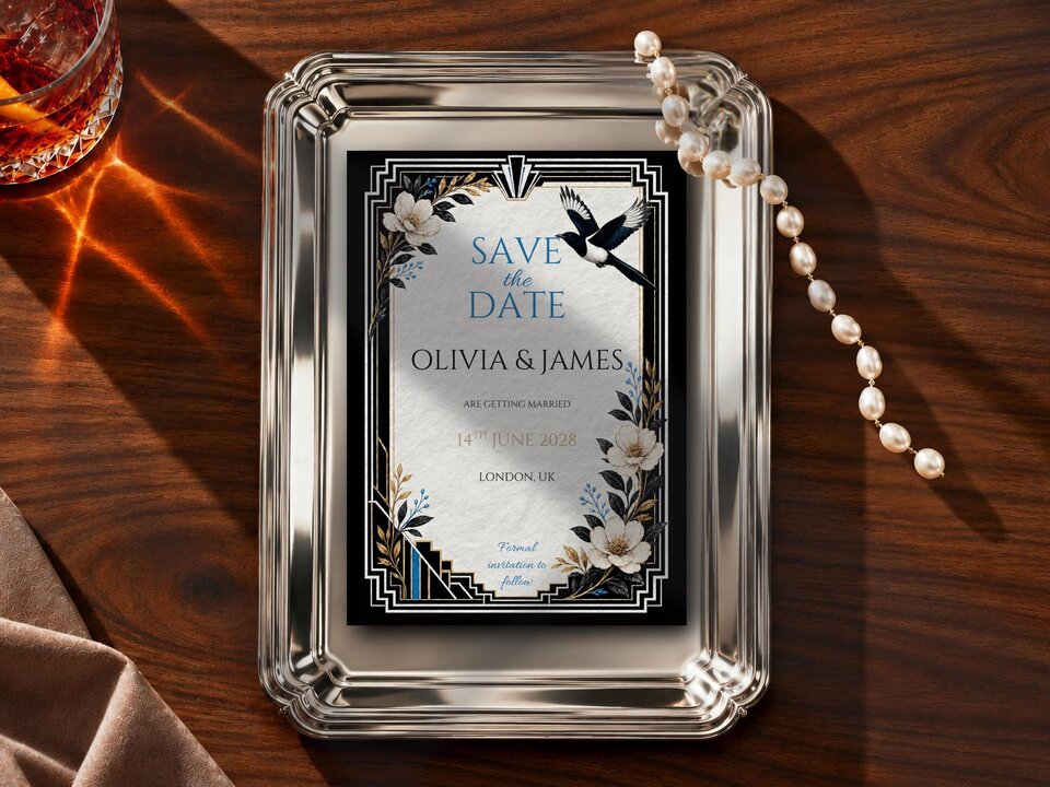 A save the date card resting on a silver tray with a strand of pearls on a wooden tabletop.