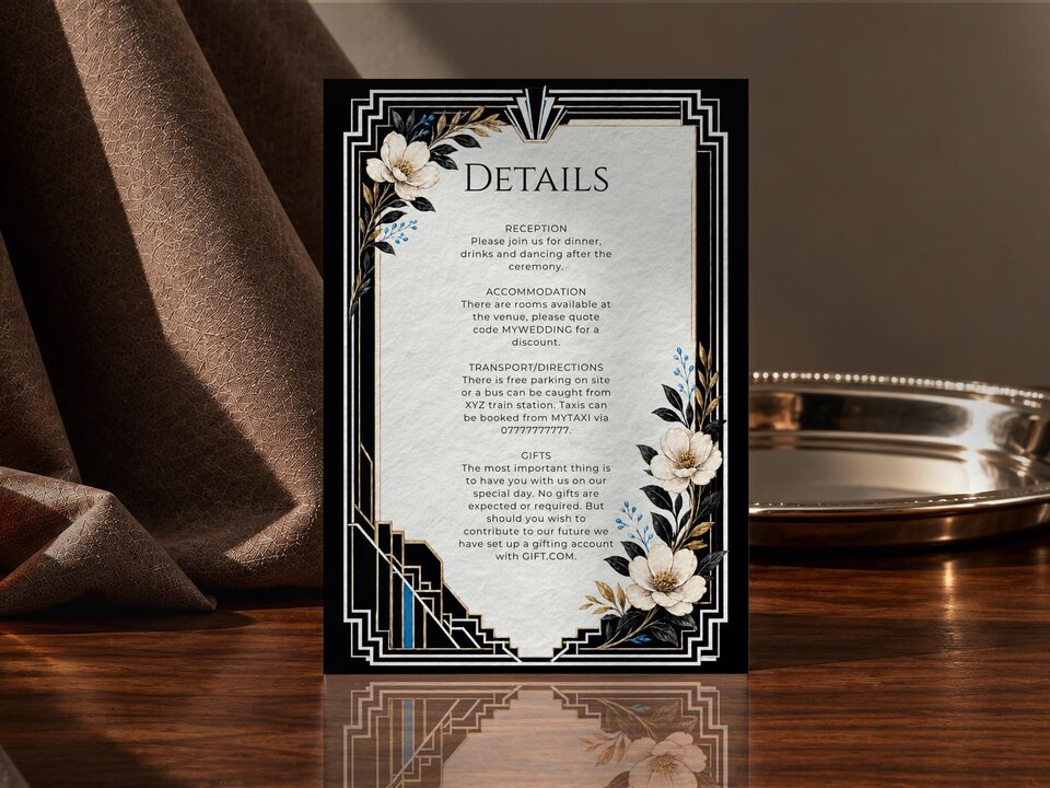 A wedding details card featuring an art deco frame and floral illustrations with reception and accommodation information.