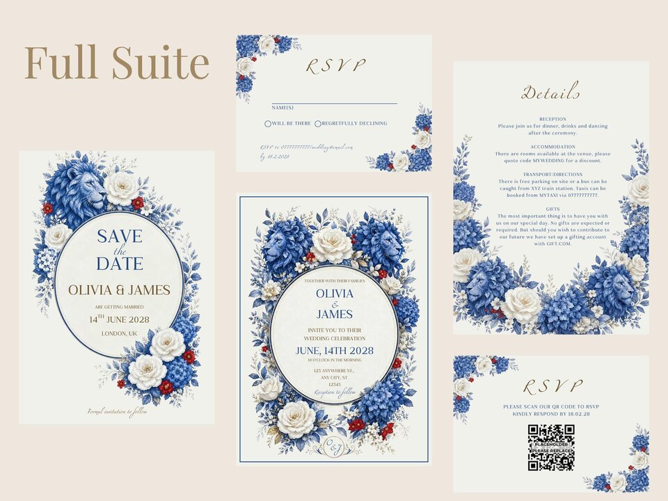 Digital display showing the full wedding invitation suite featuring blue floral and lion crest designs.