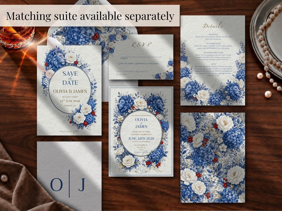 A full suite of wedding stationery including save the date cards, RSVP cards, and details cards featuring blue lion and floral motifs.