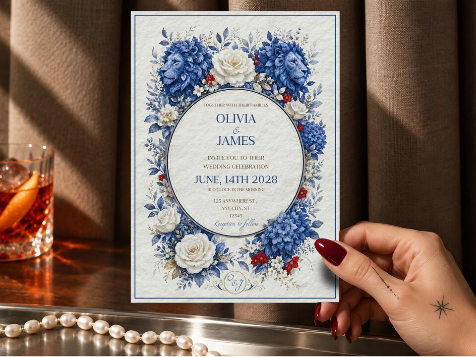A hand holding the wedding invitation next to a glass of whiskey and a pearl necklace on a tray.