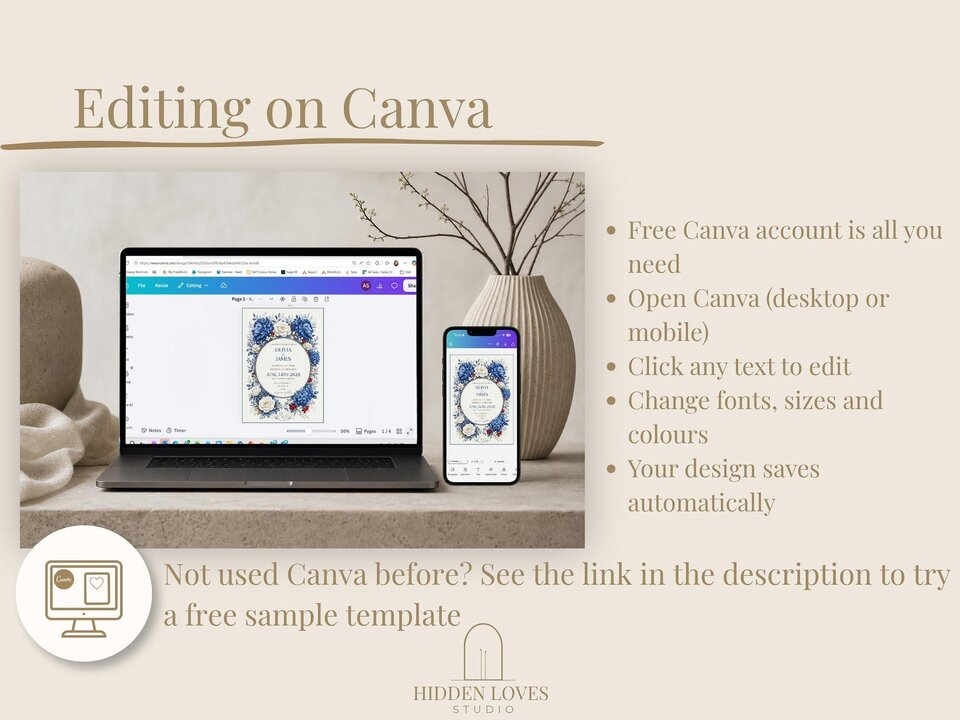An instructional graphic showing the wedding invitation template open on a laptop and a smartphone, explaining how to edit on Canva.