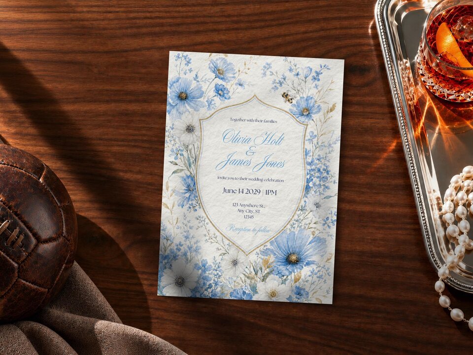A wedding invitation with blue floral motifs lies on a wooden desk near a vintage brown leather football, a draped cloth, and a silver tray with a drink and pearls.