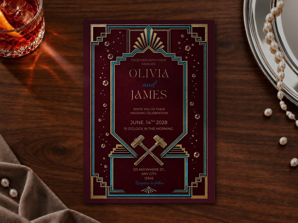 A wedding invitation template with Art Deco frames on a wooden surface next to a glass of whiskey, a pearl necklace, and a draped fabric.