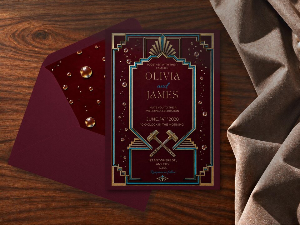 A claret-colored wedding invitation with art deco borders and an envelope lies on a wooden table.