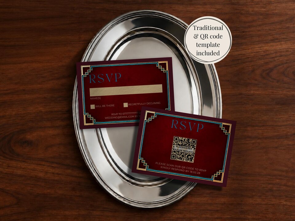 Two burgundy and gold RSVP cards resting on a silver platter over a wooden surface, with a text overlay mentioning traditional and QR code templates.