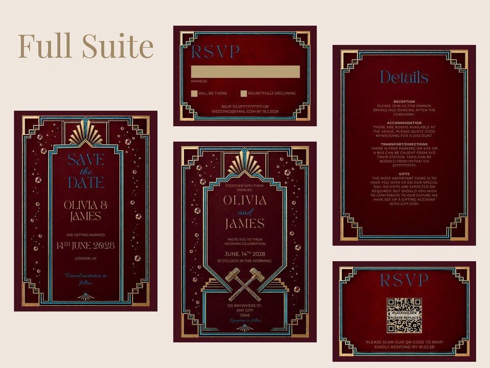 A full suite of burgundy, gold, and blue wedding stationery featuring save the date cards, invitations, details cards, and RSVP cards.