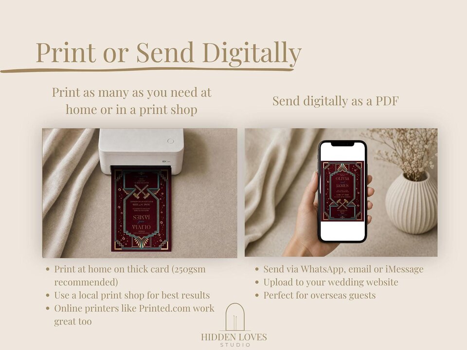 An illustration showing a small printer printing a burgundy wedding card on the left, and a hand holding a phone displaying the digital invitation on the right.