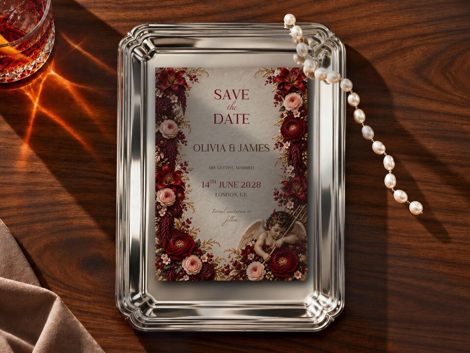 A Save the Date card with deep red florals and a devil cherub sits on an ornate silver tray next to strands of pearls and a glass of amber liquid.