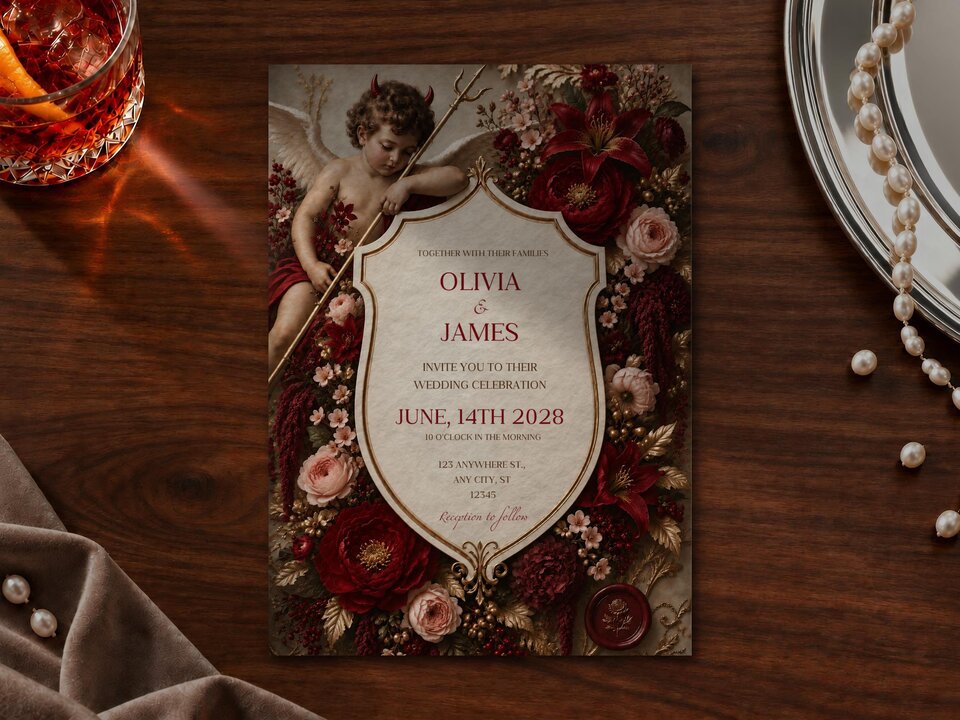 A wedding invitation template featuring dark red florals and a cherub with devil horns, placed on a wooden surface with a glass of drink and pearls.