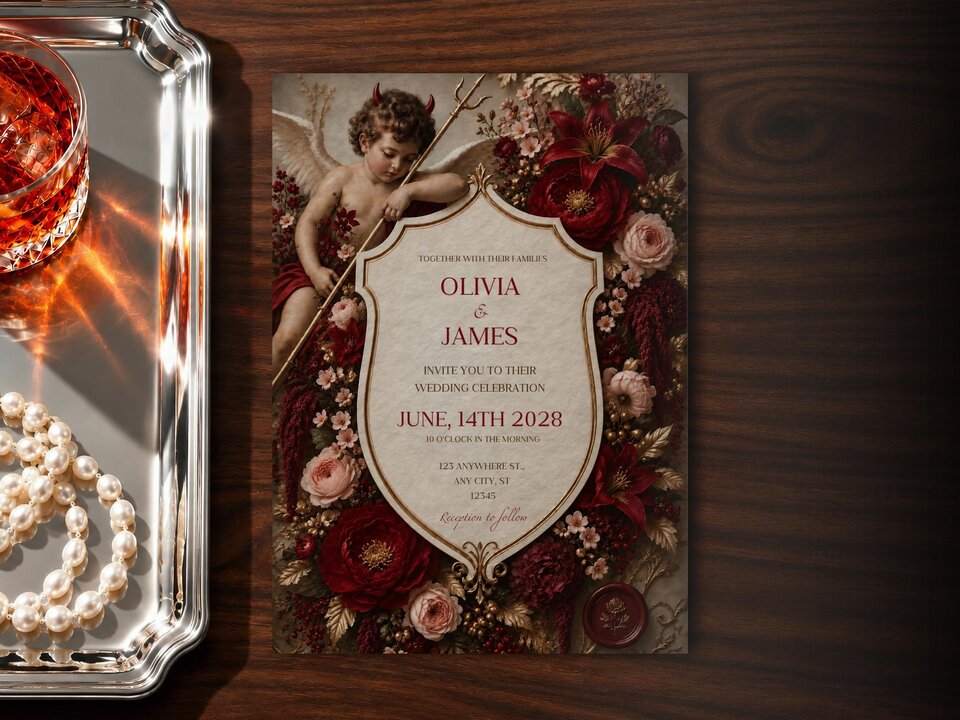 A wedding invitation card with a cherub and red flowers lies on a wooden desk beside a silver tray with pearls and a glass of amber liquid.
