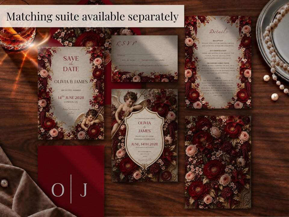 An assortment of matching wedding stationery suite templates including invitations, RSVP cards, and details cards with red floral accents.