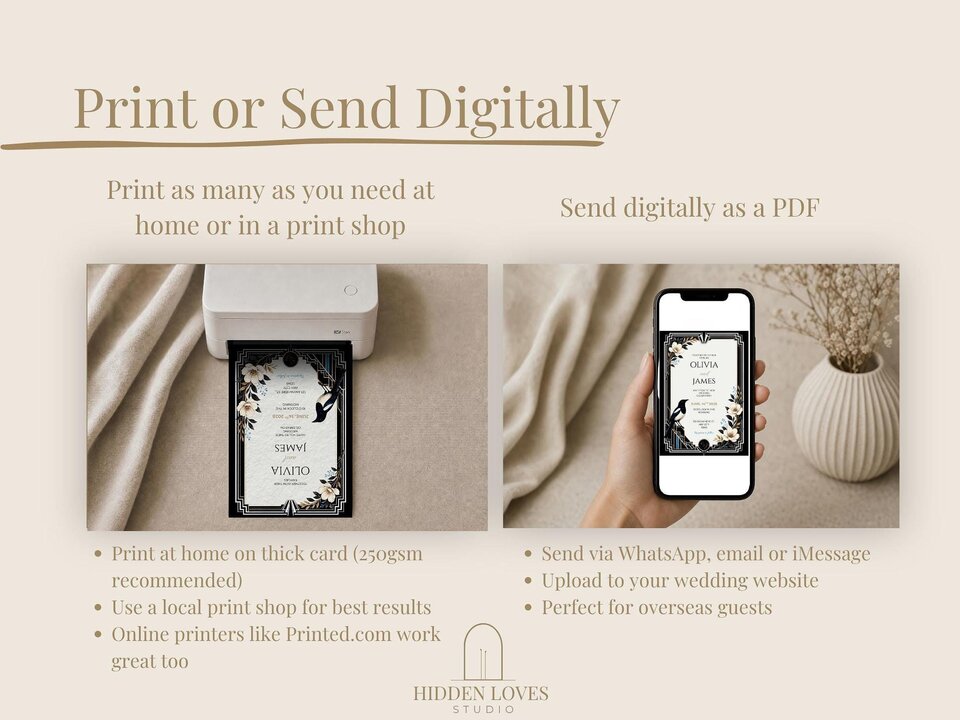 An instructional graphic explains printing options and digital delivery methods with accompanying photos.