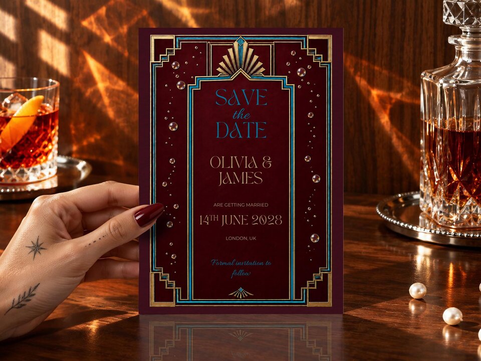 A hand holds an art deco save the date card on a wooden table with a decanter and a glass of whiskey.