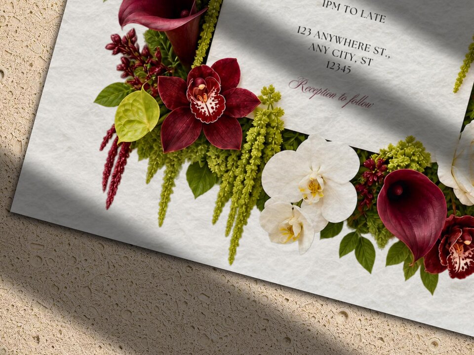 A close-up shot of the corner of a wedding invitation showcasing textured white paper with a floral arrangement of burgundy orchids and green trailing flowers.