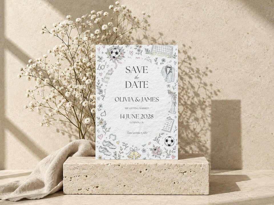 A Save the Date card stands on a stone block next to a sprig of baby's breath and folded fabric.