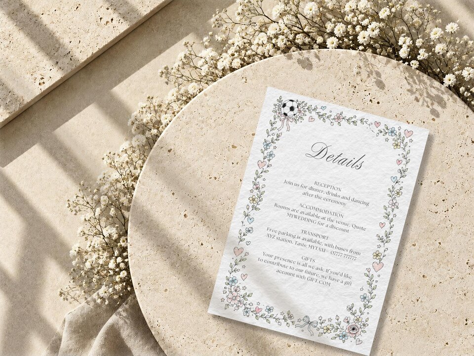 A details wedding card template featuring a floral and soccer border sits on a round stone tray surrounded by dried baby breath flowers.