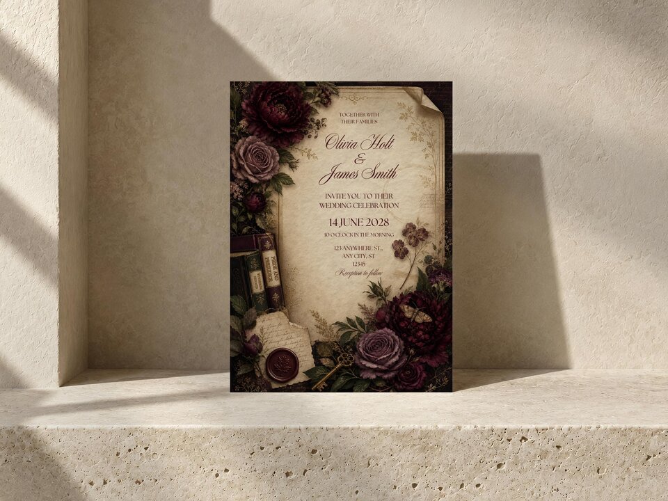 A single dark floral wedding invitation rests on a textured stone surface with eucalyptus and dried flowers nearby.