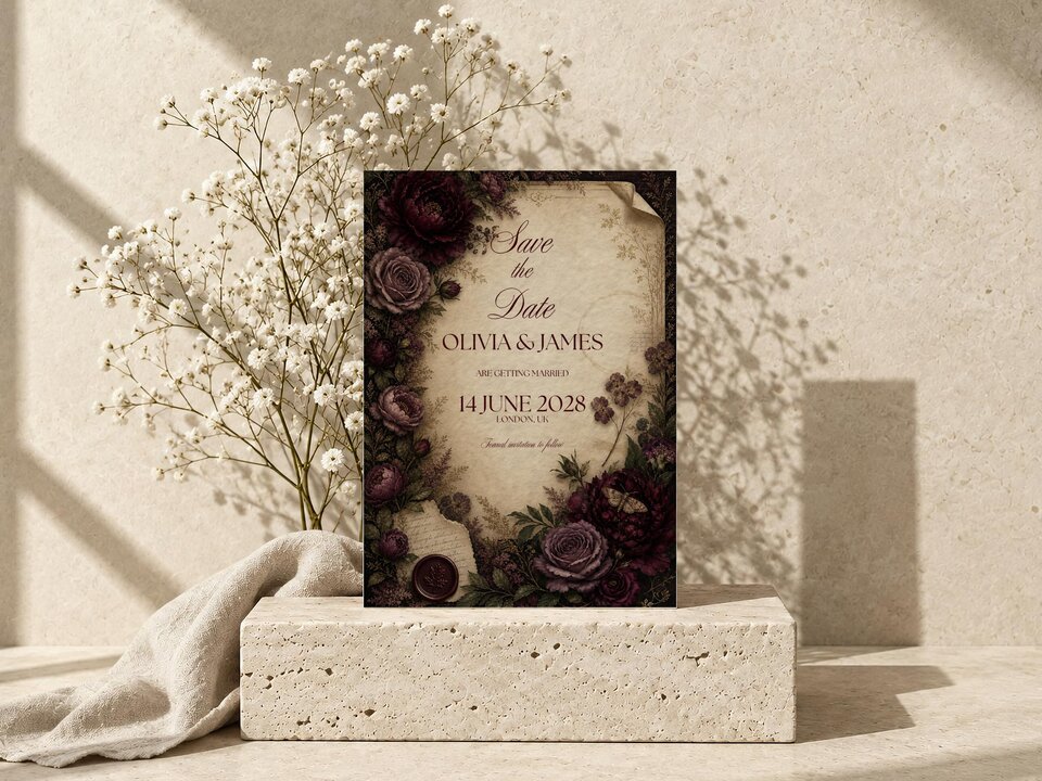 Save the date wedding invitation upright on a stone block next to a sprig of white baby's breath and draped fabric.